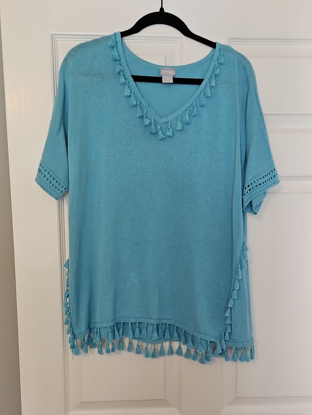 Chico's Light Blue Tassel Trim V-Neck Tunic